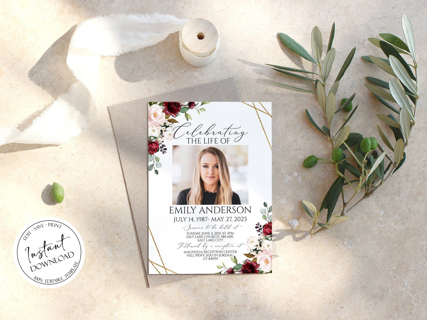 Celebration of life Invitation, Funeral Invitation, Red Roses Funeral Announcement, Funeral Card Template Red Memorial Service Invitation R1