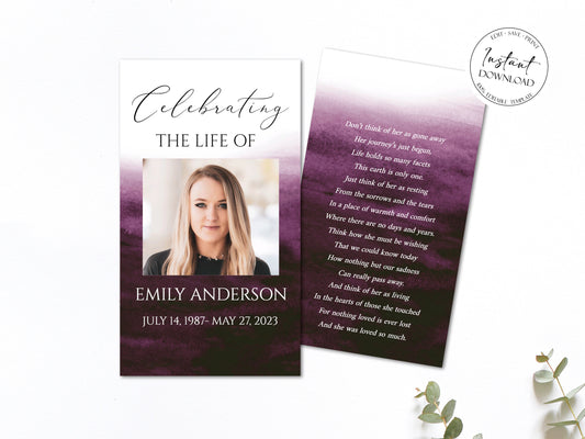 Celebration Of Life Pink Fuchsia Watercolor Funeral Prayer Card Template, Printable Memorial Prayer Card Template, Purple Pink Prayer Card