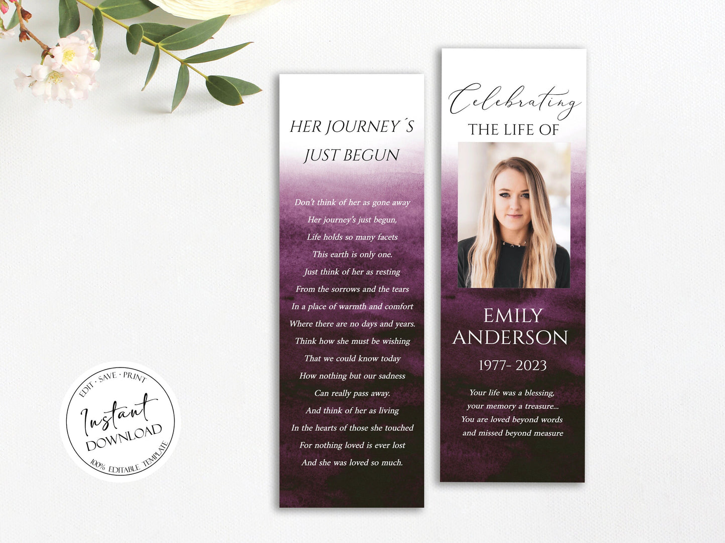 Celebration of Life Pink Fuchsia Watercolor Funeral Bookmark Template, Funeral Keepsake, Pink Fuchsia Watercolor Memorial Bookmark, Obituary Bookmark