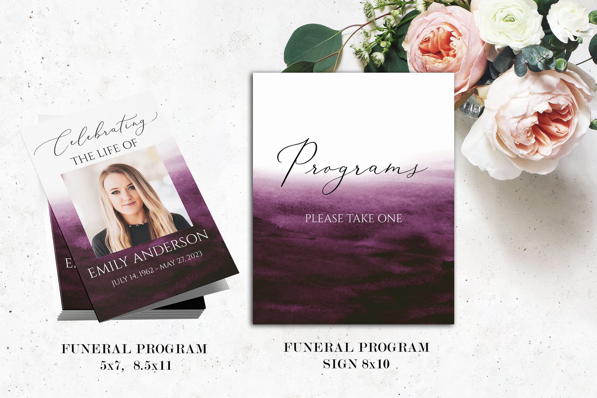 Celebration of Life Pink Fuchsia Watercolor Funeral Bundle Templates, Memorial Package, Celebration of Life Package, Funeral Set for woman