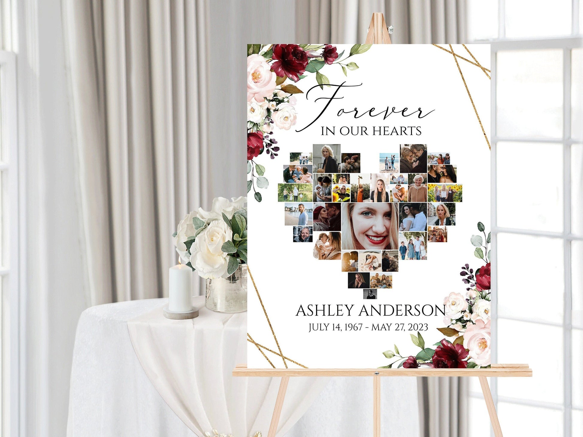 Celebration Of Life Heart Funeral Welcome Sign, Floral Red Roses Hearts Memorial Photo Collage Poster, Forever in our Hearts Memory Sign R1