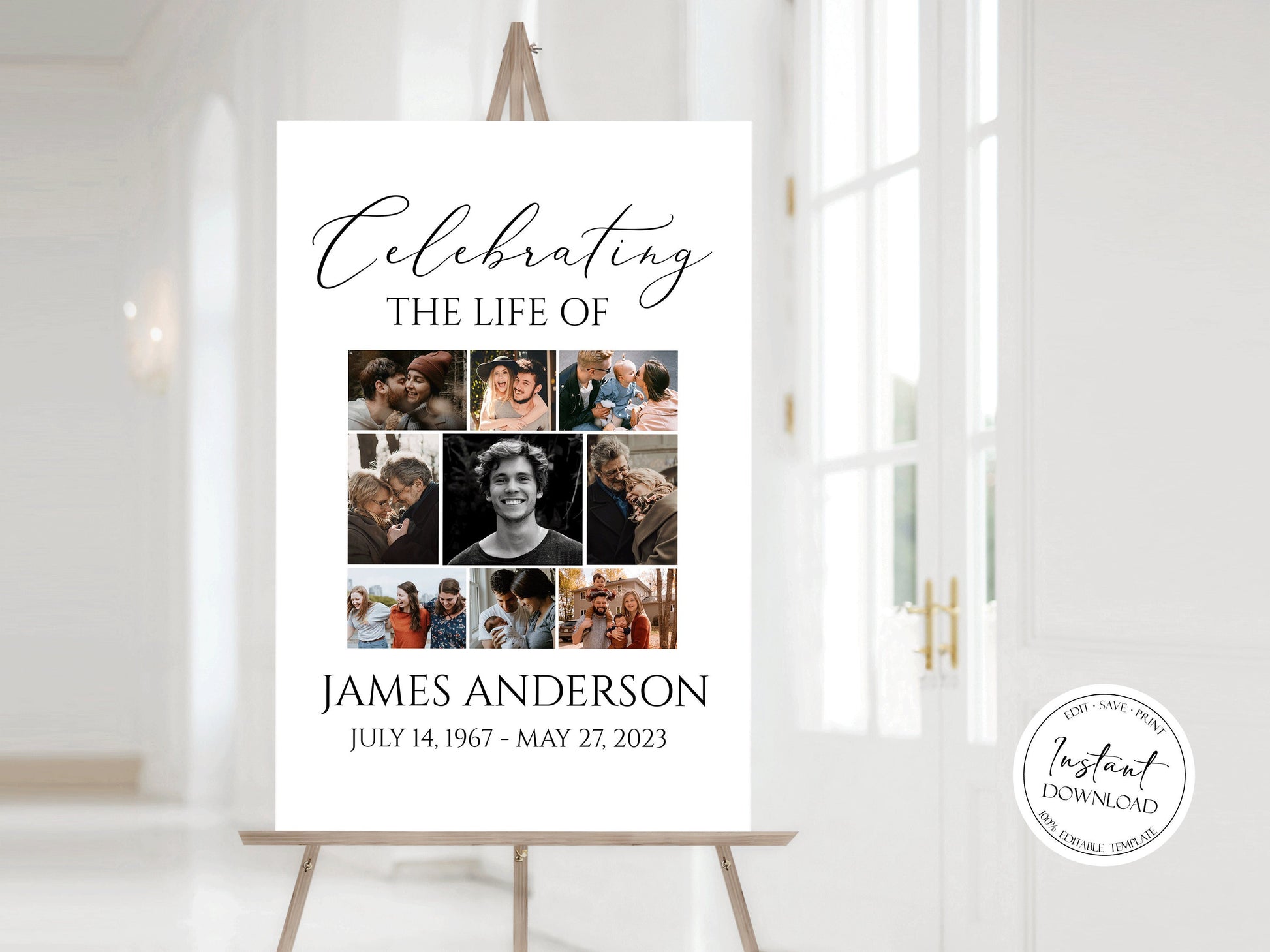 Celebration Of Life Multiple Photos Funeral Welcome Sign, Editable Simple Photo Collage Funeral Poster, Photo Collage Memorial Service Sign S1