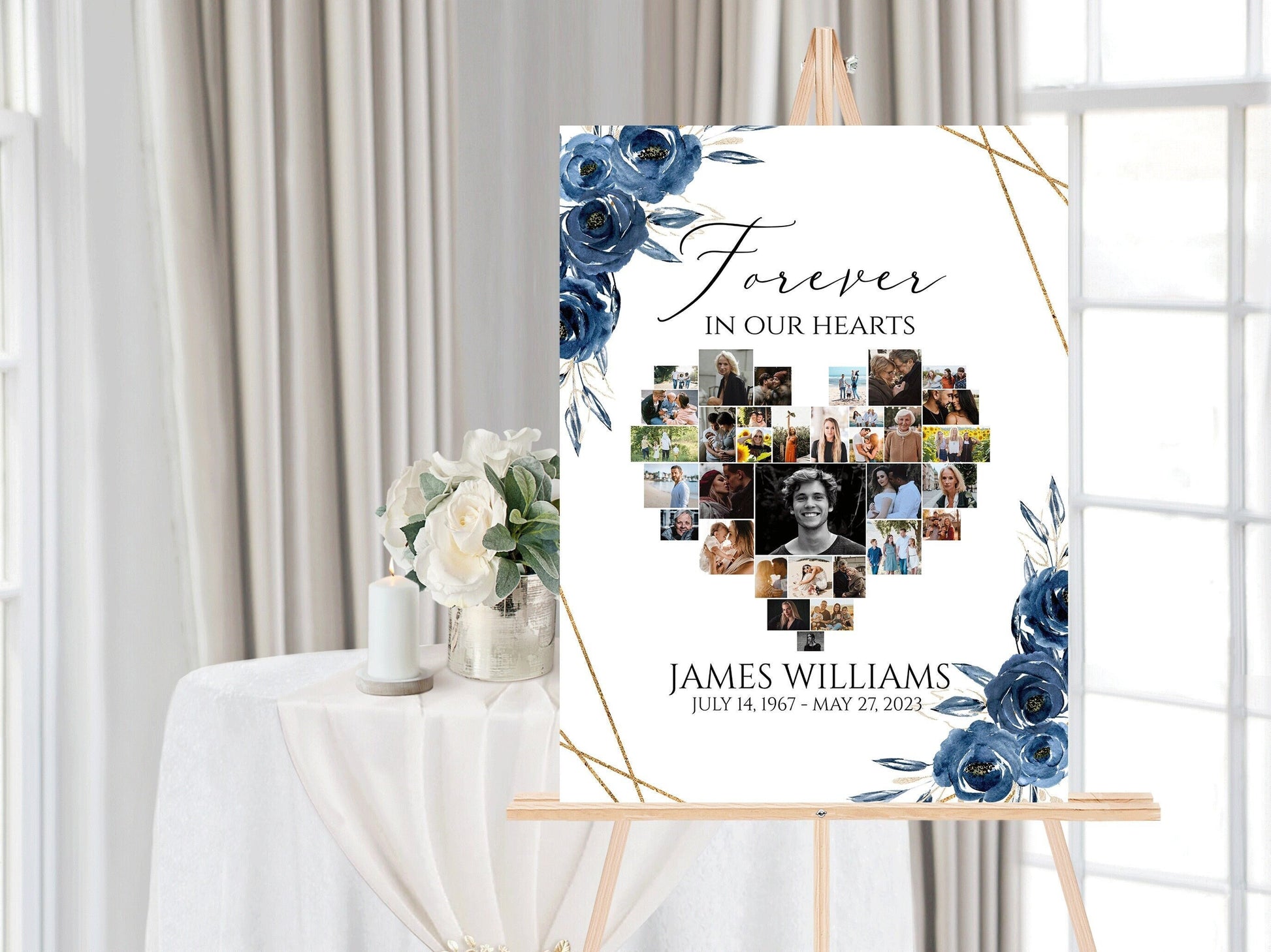 Forever in our Hearts Royal Blue Flowers Gold Heart Photo Collage Funeral Welcome Sign Template, Royal Blue Hearts Funeral Photo Collage Poster, Heart Memorial Sign B2