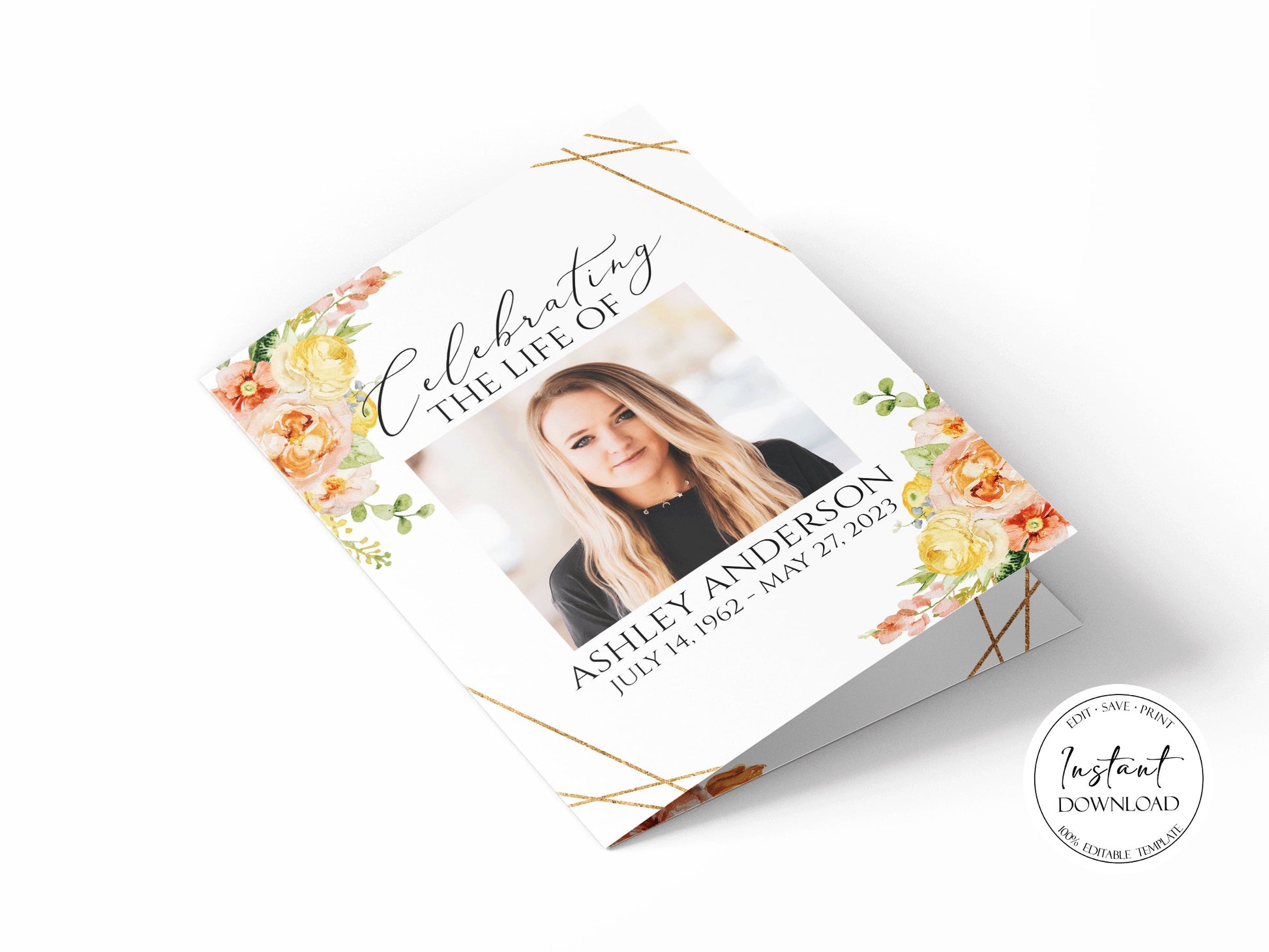 Celebration of life Elegant Yellow Pink Floral Funeral Program Template, Elegant Floral Funeral Program Template, Elegant Yellow Pink Floral Memorial Program