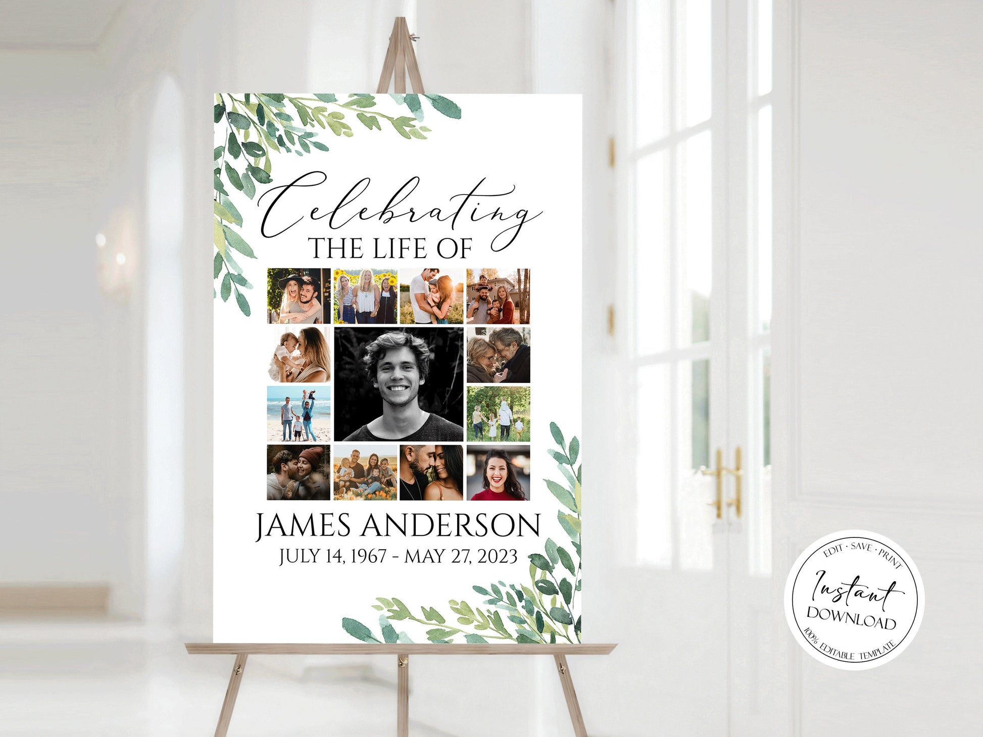 Celebration Of Life Watercolor Greenery Photo Collage Funeral Welcome Sign Template, Greenery Photo Collage Funeral Poster, Photo Collage Memorial Sign G2