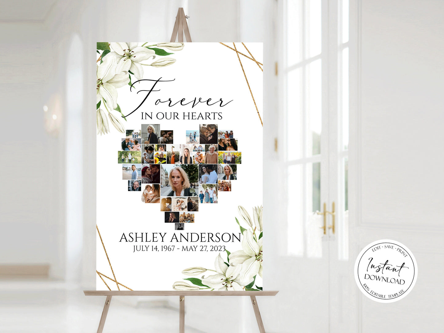 Forever in our Hearts White Lilies Greenery Gold Heart Photo Collage Funeral Welcome Sign Template WL1