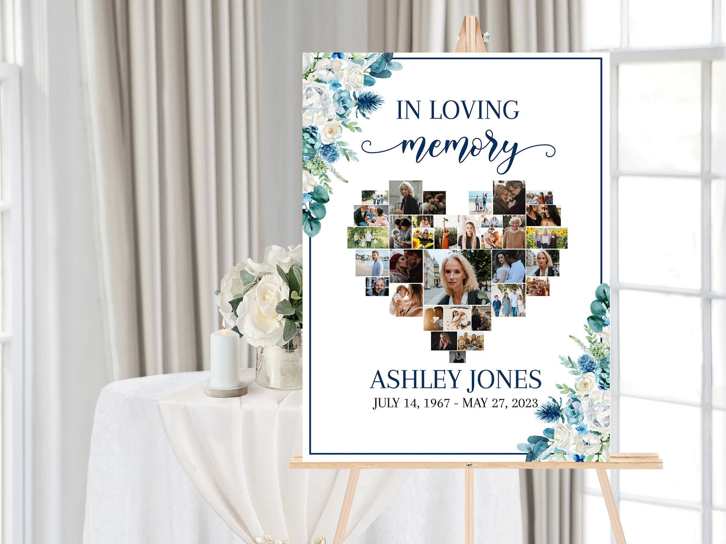 Celebration Of Life Heart Photos Funeral Welcome Sign, In Loving Memory Blue White Floral Heart Photo Collage Funeral Welcome Sign Template, Blue In loving Memory Sign B1