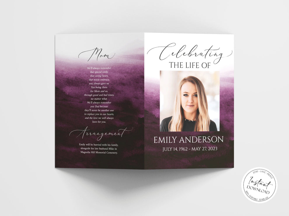 Celebration of life Pink Fuchsia Watercolor Funeral Program Template P ...