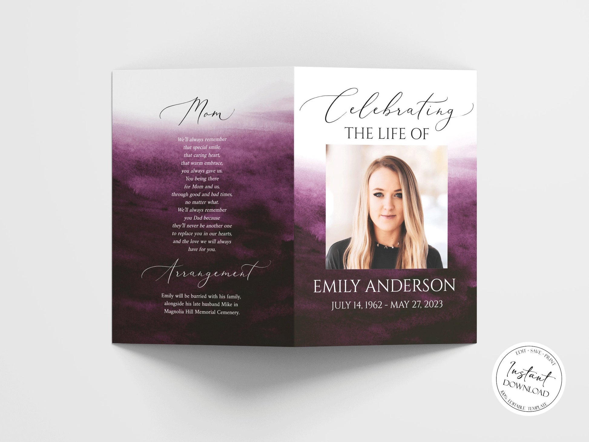 Celebration of life Pink Fuchsia Watercolor Funeral Program Template, Pink Fuchsia Watercolor Memorial Program, Obituary Program, Funeral Mass Program