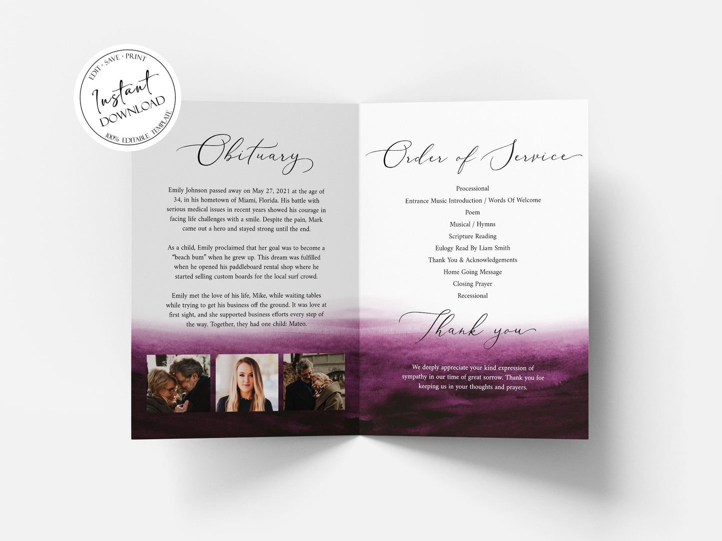 Celebration of life Pink Fuchsia Watercolor Funeral Program Template, Pink Fuchsia Watercolor Memorial Program, Obituary Program, Funeral Mass Program