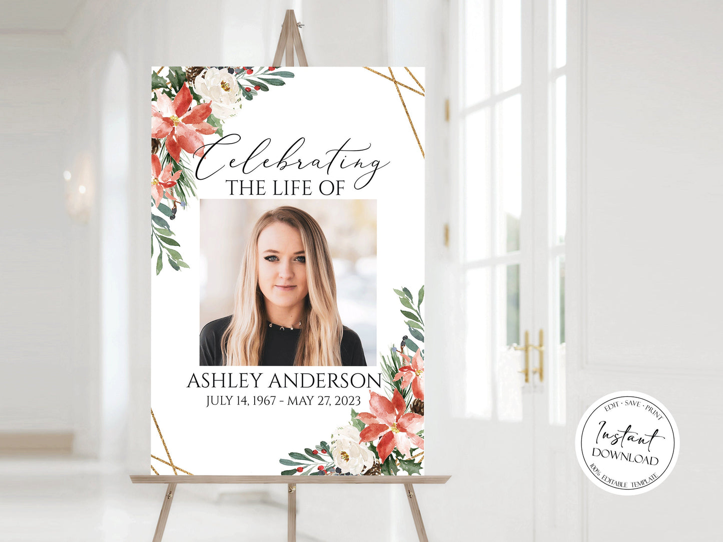 Celebration Of Life Christmas Winter Red Greenery Gold Funeral Welcome Sign Template, Winter Red Greenery Memorial Welcome Poster Sign