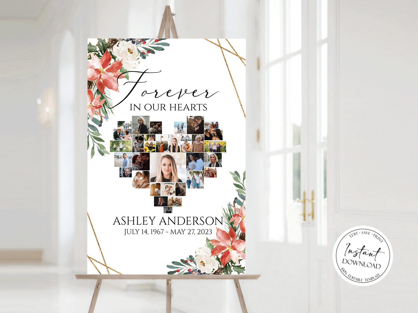 Forever in our Hearts Christmas Winter Red Greenery Gold Heart Photo Collage Funeral Welcome Sign Template Winter Red Greenery Photo Collage Poster Heart Memorial Sign