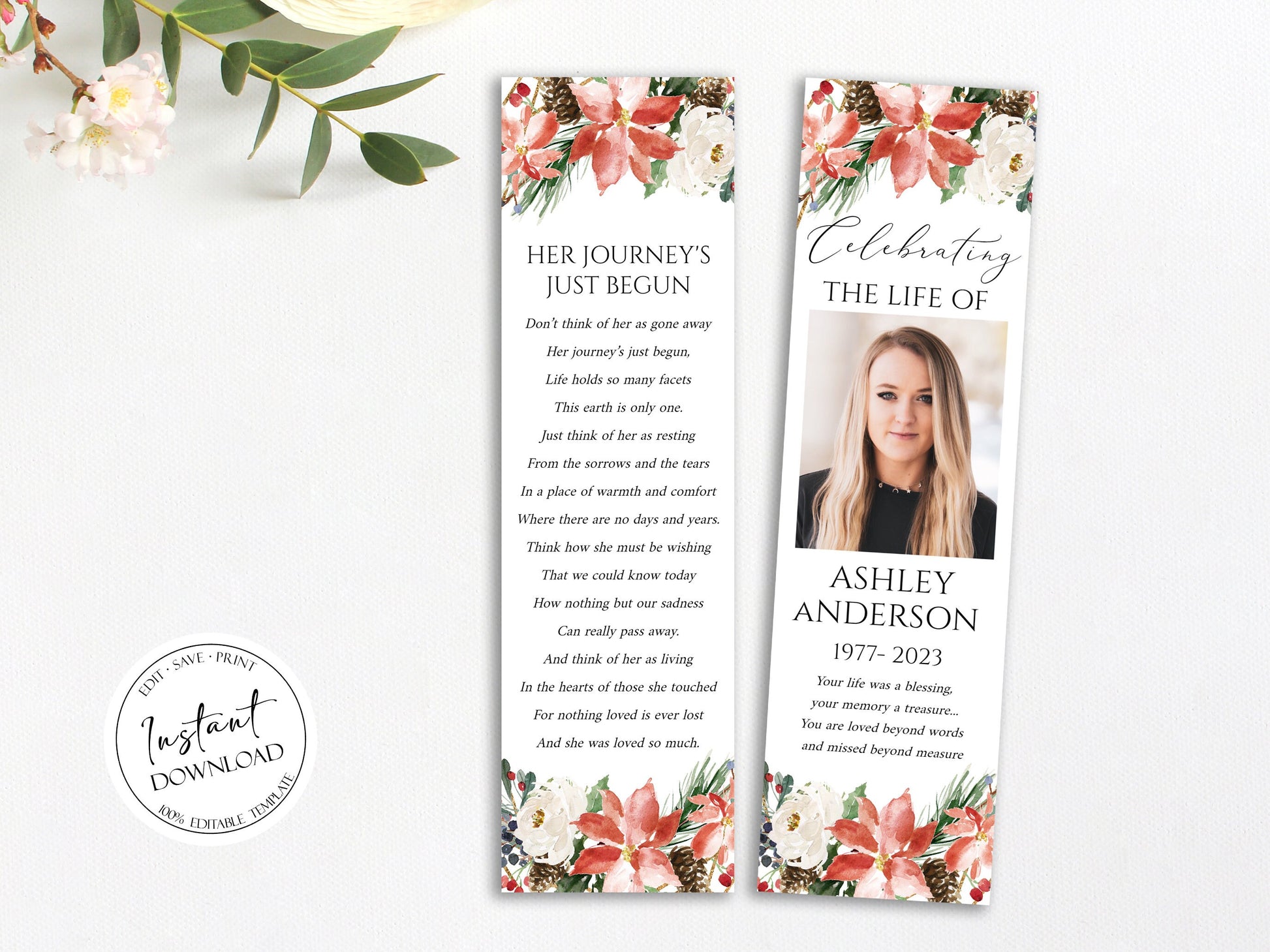 Celebration of Life Christmas Winter Red Greenery Gold Funeral Bookmark Template, Funeral Keepsake Card Winter Memorial Bookmark Christmas Obituary Bookmark