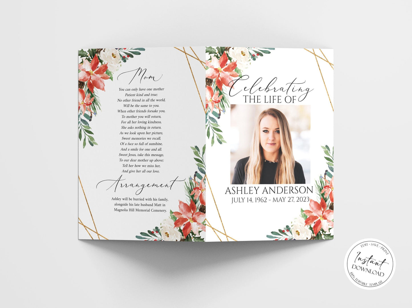 11X17 Celebration of Life Christmas Winter Red Greenery Funeral Program Template , Winter Memorial Program, Winter Red Greenery Obituary Program