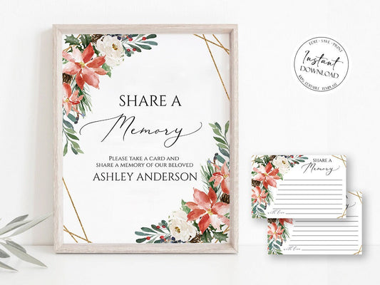 Christmas Winter Red Greenery Gold Share a Memory Funeral Sign Share a Memory Card Template W1