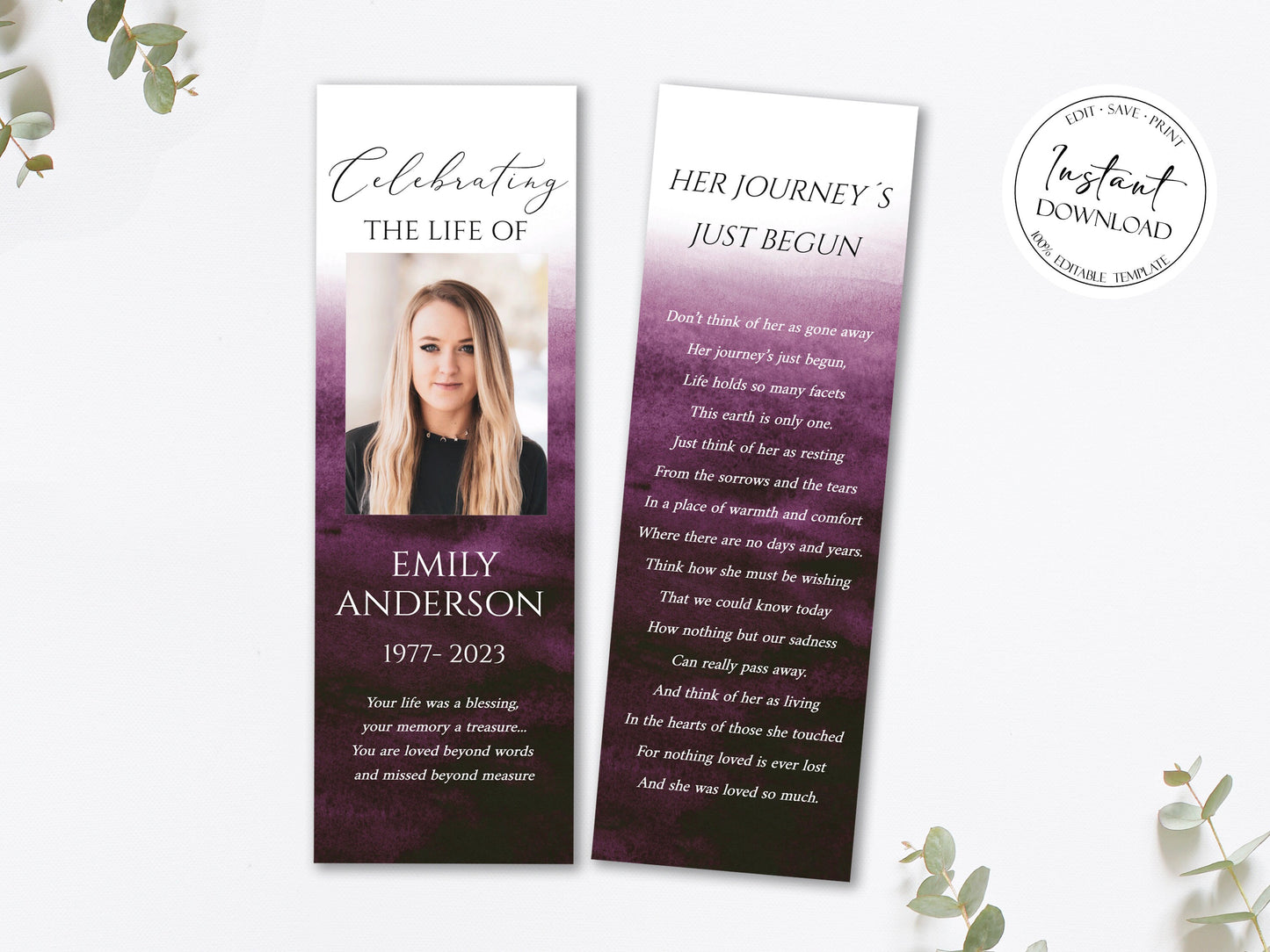 Celebration of Life Pink Fuchsia Watercolor Funeral Bookmark Template, Funeral Keepsake, Pink Fuchsia Watercolor Memorial Bookmark, Obituary Bookmark