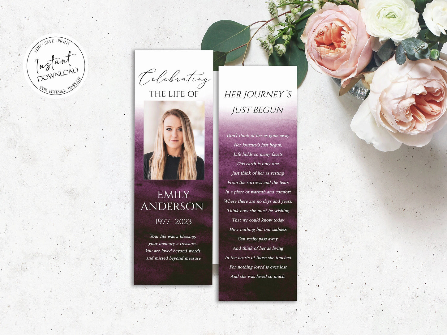 Celebration of Life Pink Fuchsia Watercolor Funeral Bookmark Template, Funeral Keepsake, Pink Fuchsia Watercolor Memorial Bookmark, Obituary Bookmark