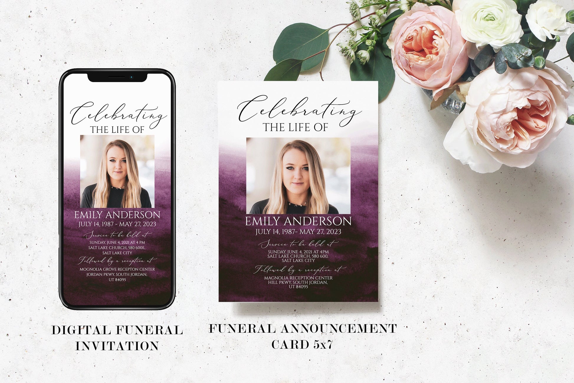 Celebration of Life Pink Fuchsia Watercolor Funeral Bundle Templates, Memorial Package, Celebration of Life Package,Funeral Set for woman§