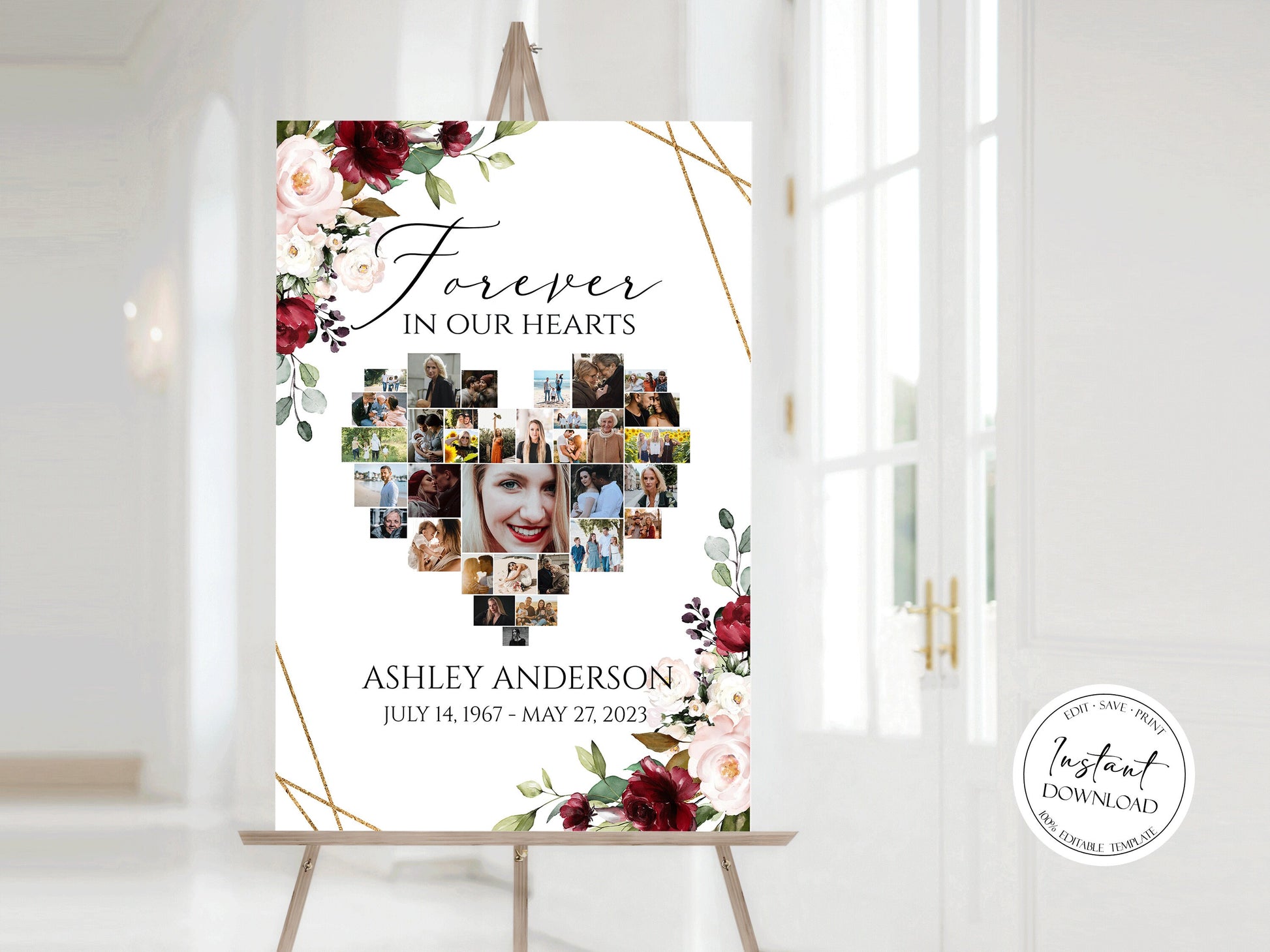 Celebration Of Life Heart Funeral Welcome Sign, Floral Red Roses Hearts Memorial Photo Collage Poster, Forever in our Hearts Memory Sign R1