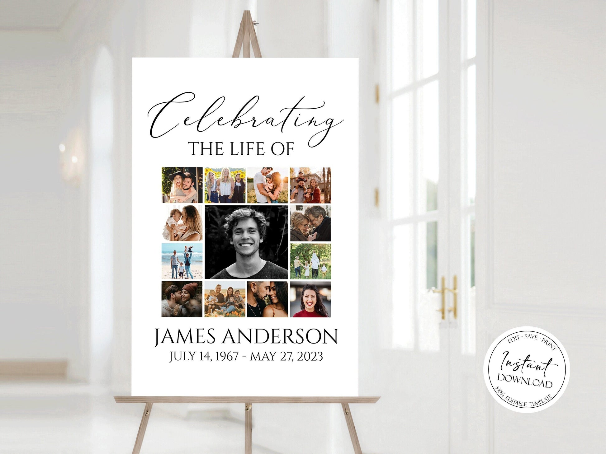 Celebration Of Life Multiple Photos Funeral Welcome Sign, Editable Simple Collage Funeral Poster, Photo Collage Memorial Service Sign S1