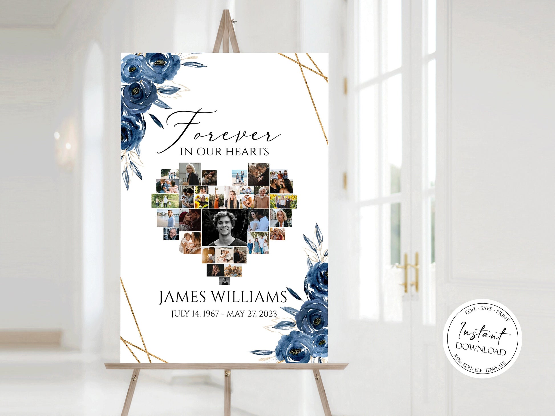 Forever in our Hearts Royal Blue Flowers Gold Heart Photo Collage Funeral Welcome Sign Template, Royal Blue Hearts Funeral Photo Collage Poster, Heart Memorial Sign B2