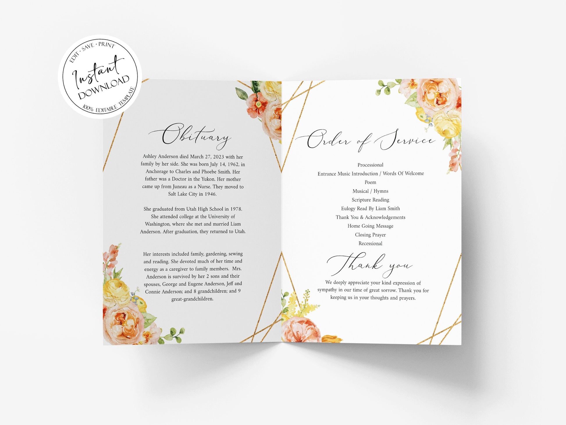 Celebration of life Elegant Yellow Pink Floral Funeral Program Template, Elegant Floral Funeral Program Template, Elegant Yellow Pink Floral Memorial Program