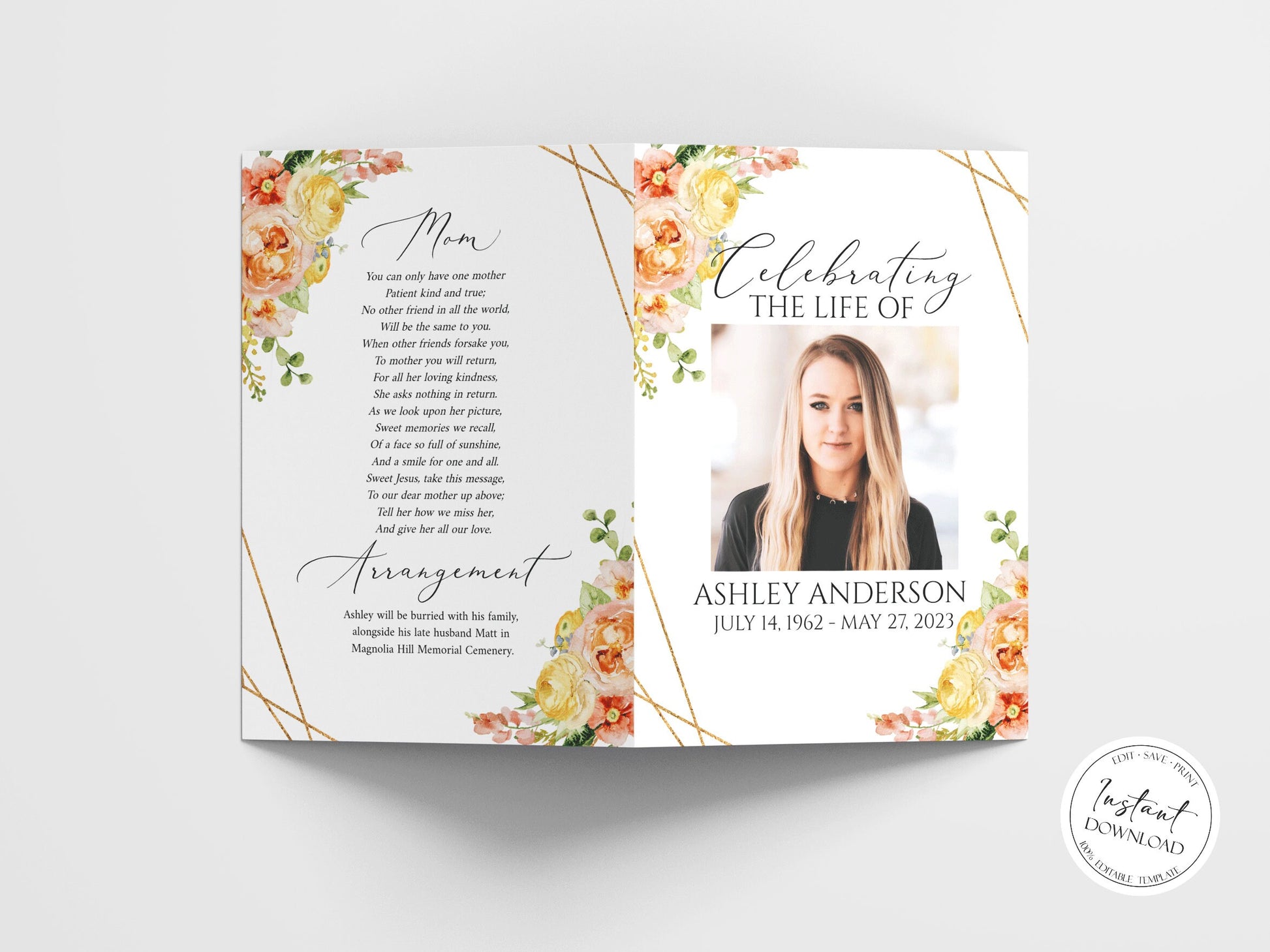 Celebration of life Elegant Yellow Pink Floral Funeral Program Template, Elegant Floral Funeral Program Template, Elegant Yellow Pink Floral Memorial Program