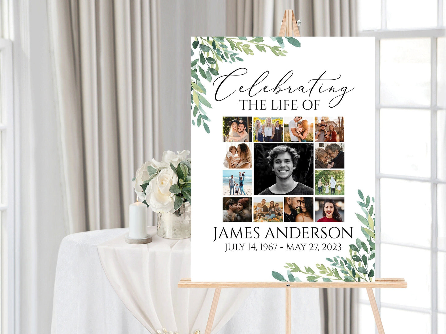 Celebration Of Life Watercolor Greenery Photo Collage Funeral Welcome Sign Template, Greenery Photo Collage Funeral Poster, Photo Collage Memorial Sign G2