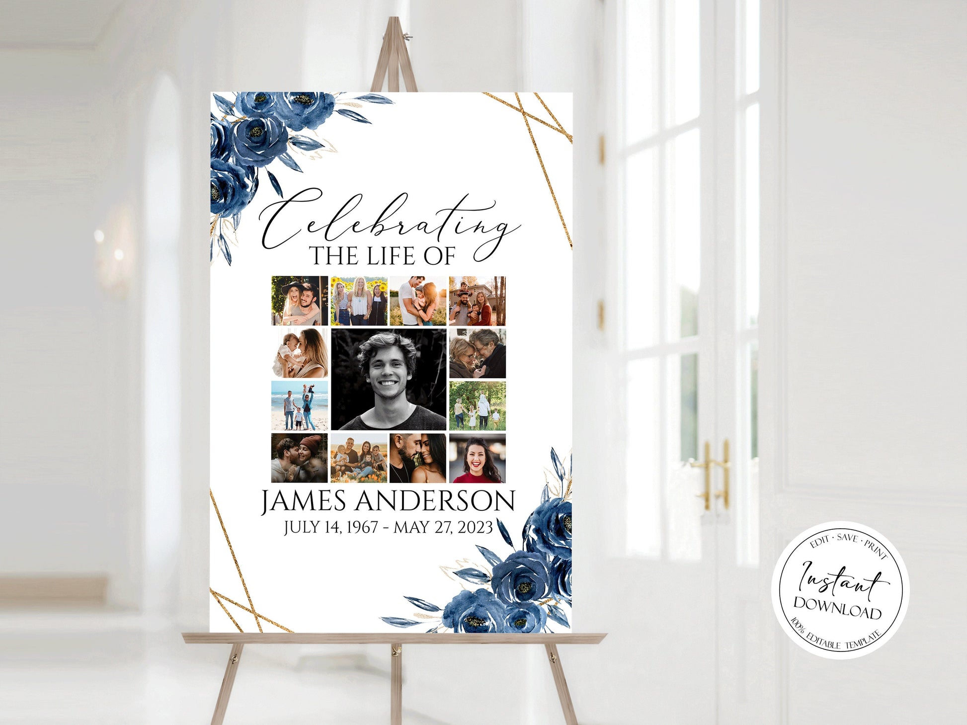 Celebration Of Life Royal Blue Flowers Gold Photo Collage Funeral Welcome Sign Template, Royal Blue Floral Photo Collage Funeral Poster Blue Photo Collage Memorial Service Sign B2