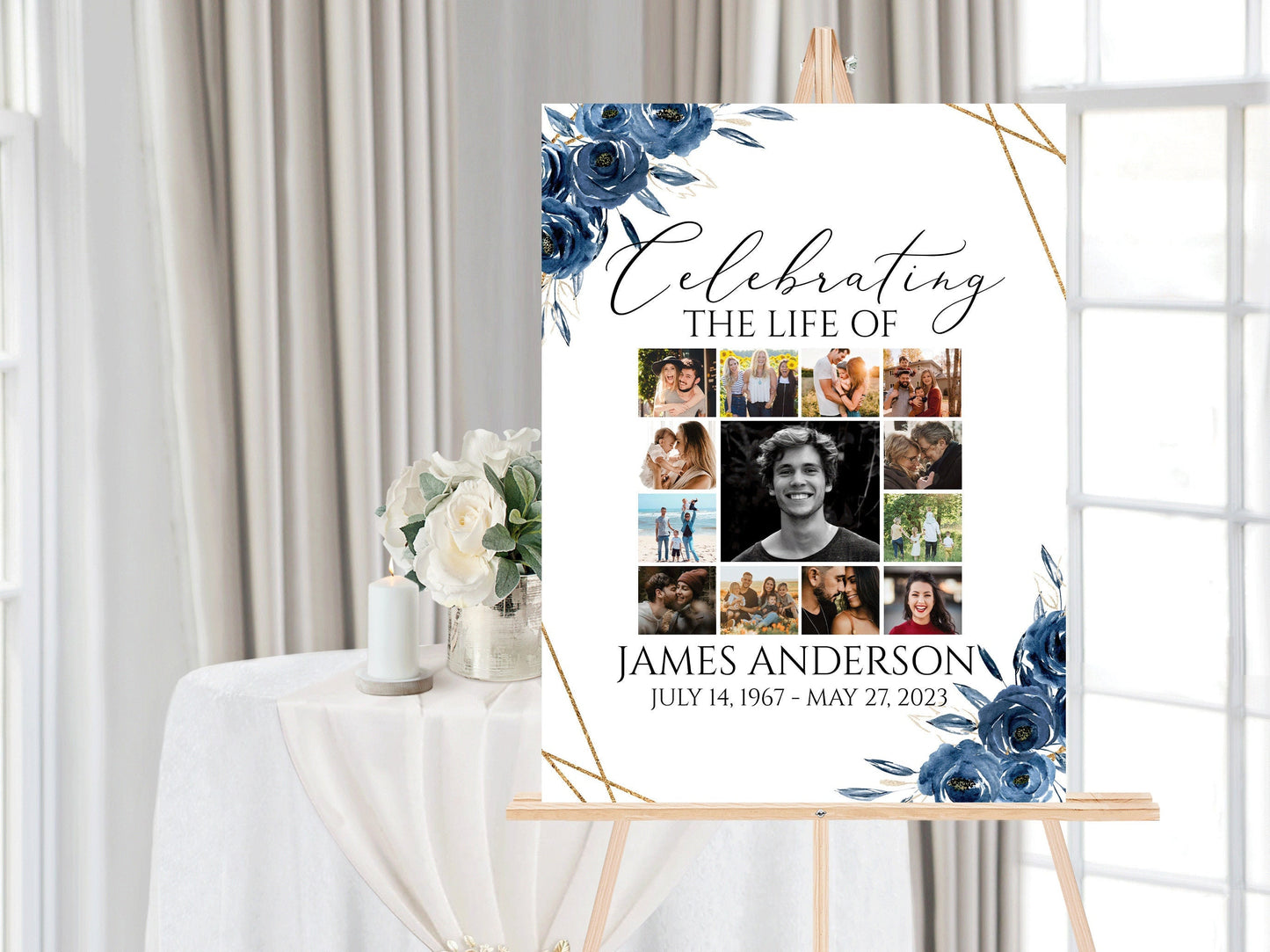 Celebration Of Life Royal Blue Flowers Gold Photo Collage Funeral Welcome Sign Template, Royal Blue Floral Photo Collage Funeral Poster Blue Photo Collage Memorial Service Sign B2