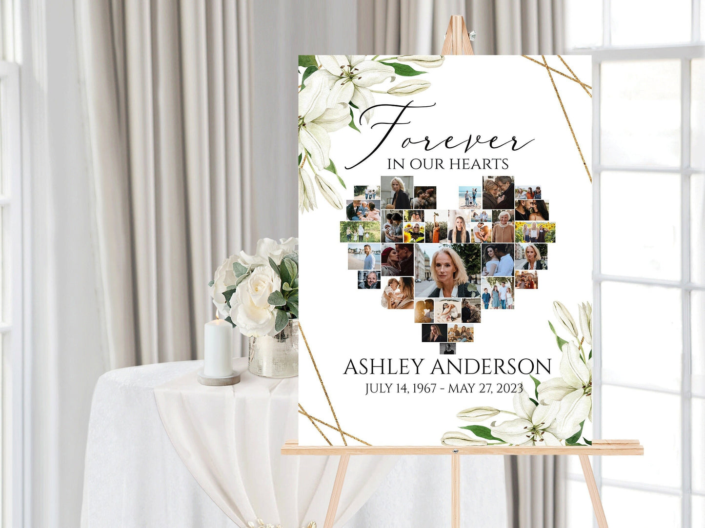 Forever in our Hearts White Lilies Greenery Gold Heart Photo Collage Funeral Welcome Sign Template WL1