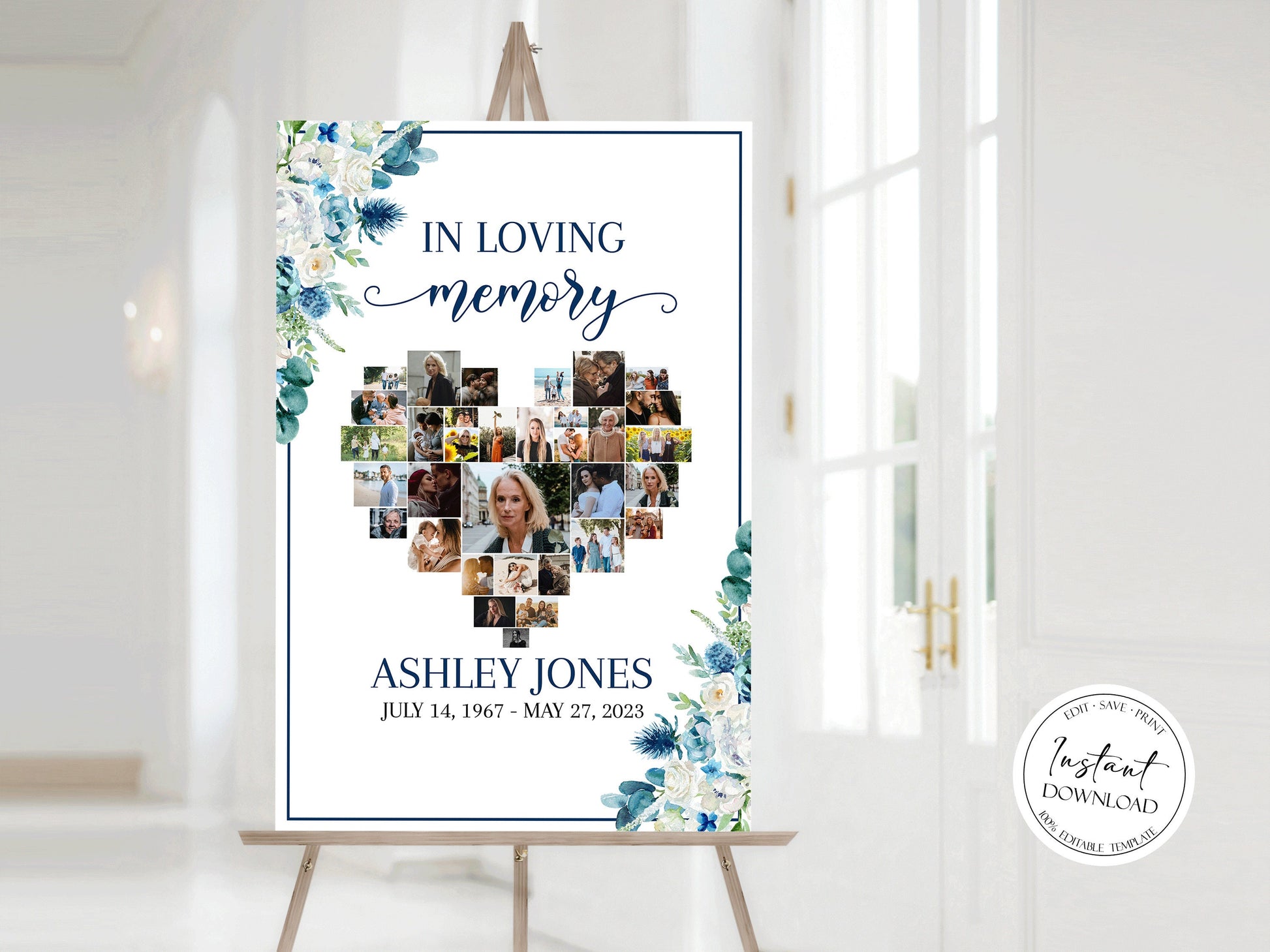 Celebration Of Life Heart Photos Funeral Welcome Sign, In Loving Memory Blue White Floral Heart Photo Collage Funeral Welcome Sign Template, Blue In loving Memory Sign B1