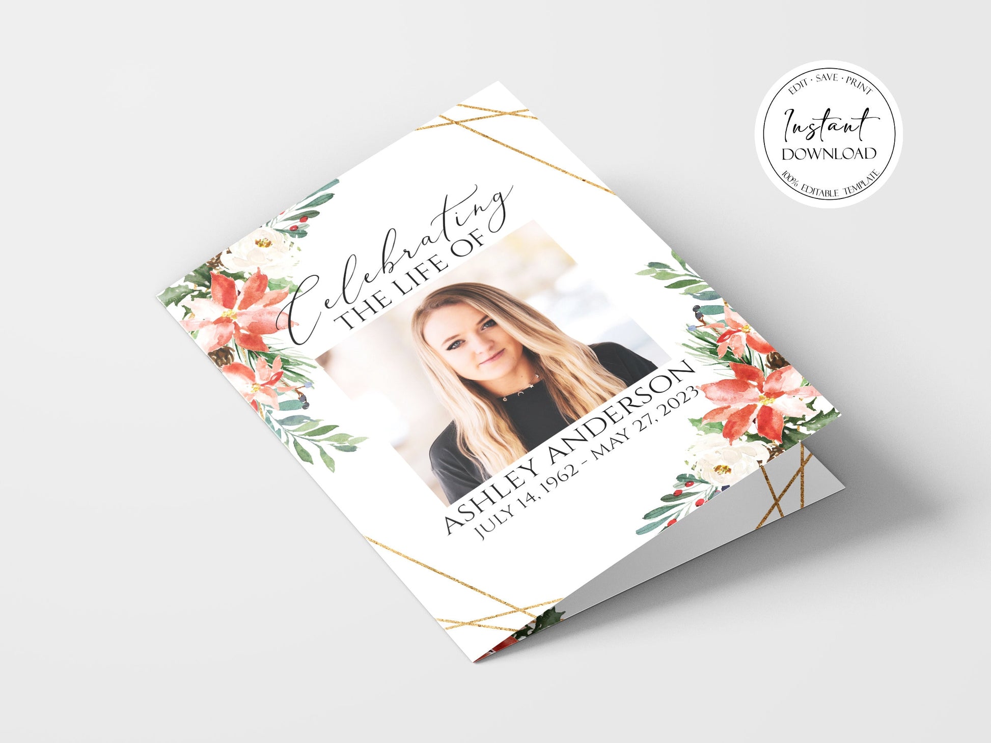 Celebration of Life Christmas Winter Red Greenery Funeral Program Template, Winter Memorial Program, Obituary Program, Winter Red Greenery Funeral Program