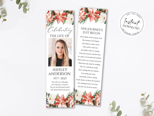 Celebration of Life Christmas Winter Red Greenery Gold Funeral Bookmark Template, Funeral Keepsake Card Winter Memorial Bookmark Christmas Obituary Bookmark