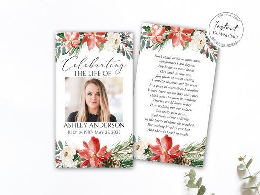 Celebration Of Life Christmas Winter Red Greenery Gold Funeral Prayer Card Template, Winter Memorial Prayer Card Template Funeral Prayer Card, Catholic Mass Card