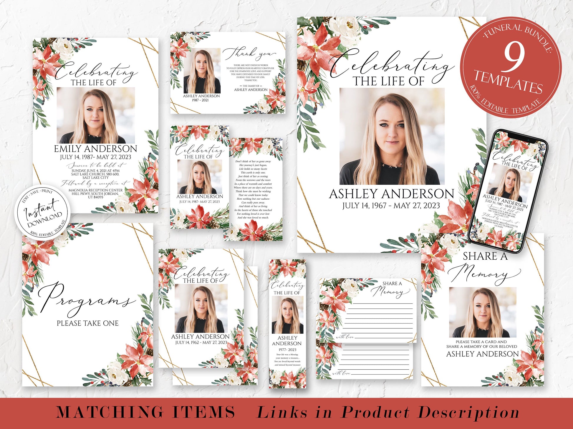 11X17 Celebration of Life Christmas Winter Red Greenery Funeral Program Template , Winter Memorial Program, Winter Red Greenery Obituary Program