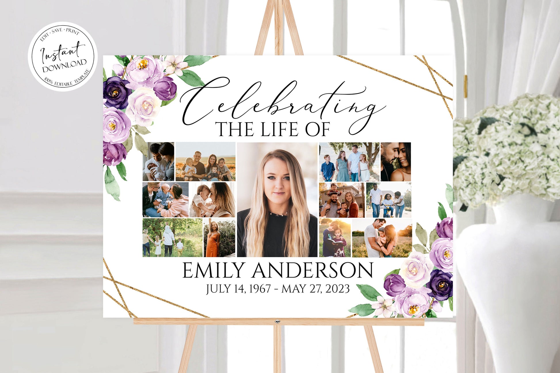 Celebration Of Life Multiple Photos Funeral Welcome Sign, Editable Simple Floral Purple Photo Collage Funeral Poster, Photo Collage Memorial Service Sign, P1