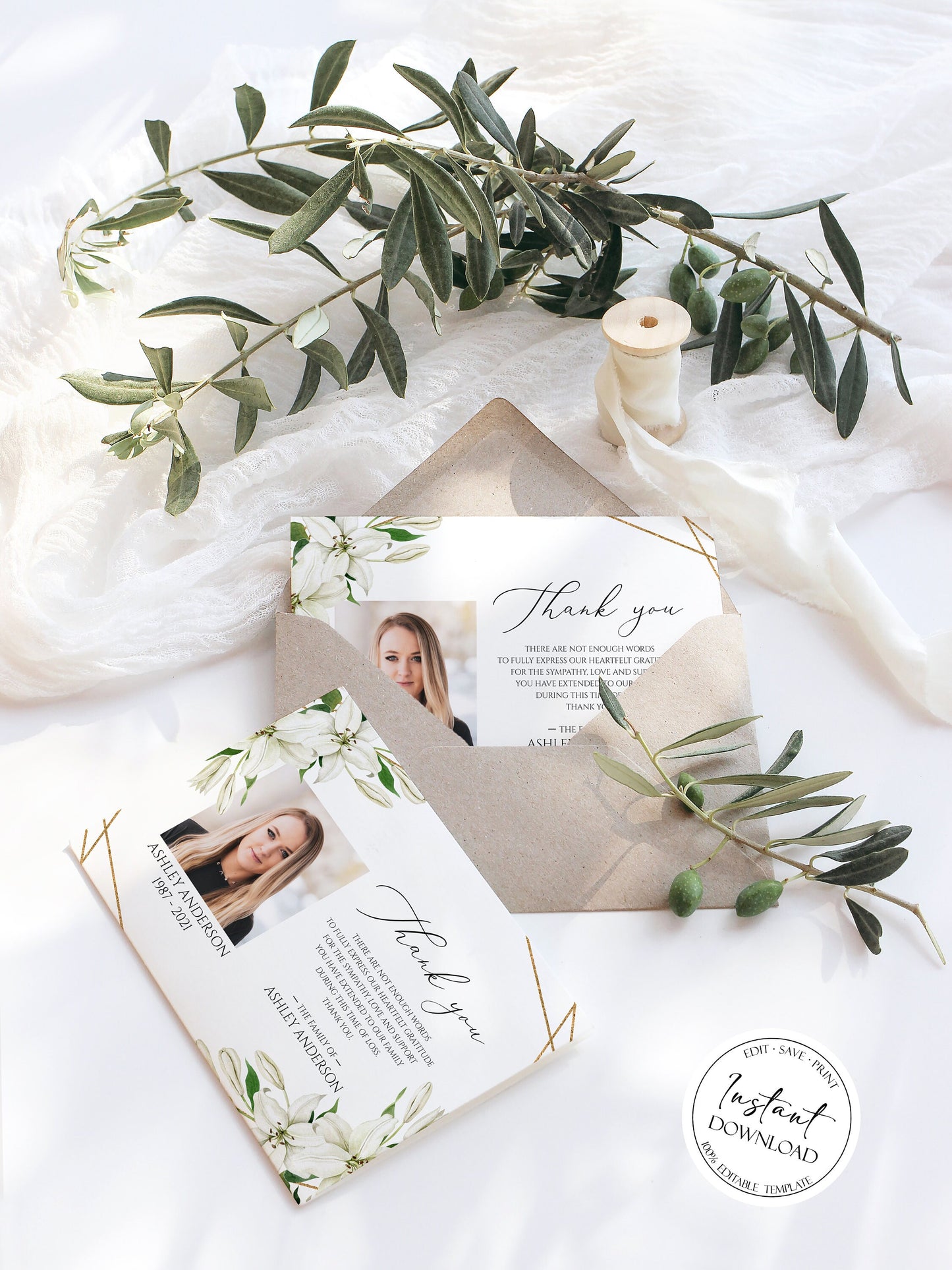 Celebration of life White Lilies Greenery Gold Photo Funeral Thank you Card Template, Printable White Lilies Memorial Thank You Card Template Editable Sympathy Card