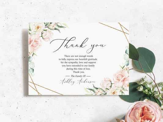 Blush Pink Funeral Thank You Card Template, Celebration of life Printable Pink Roses Greenery Funeral Photo Thank You Cards Sympathy Card P4