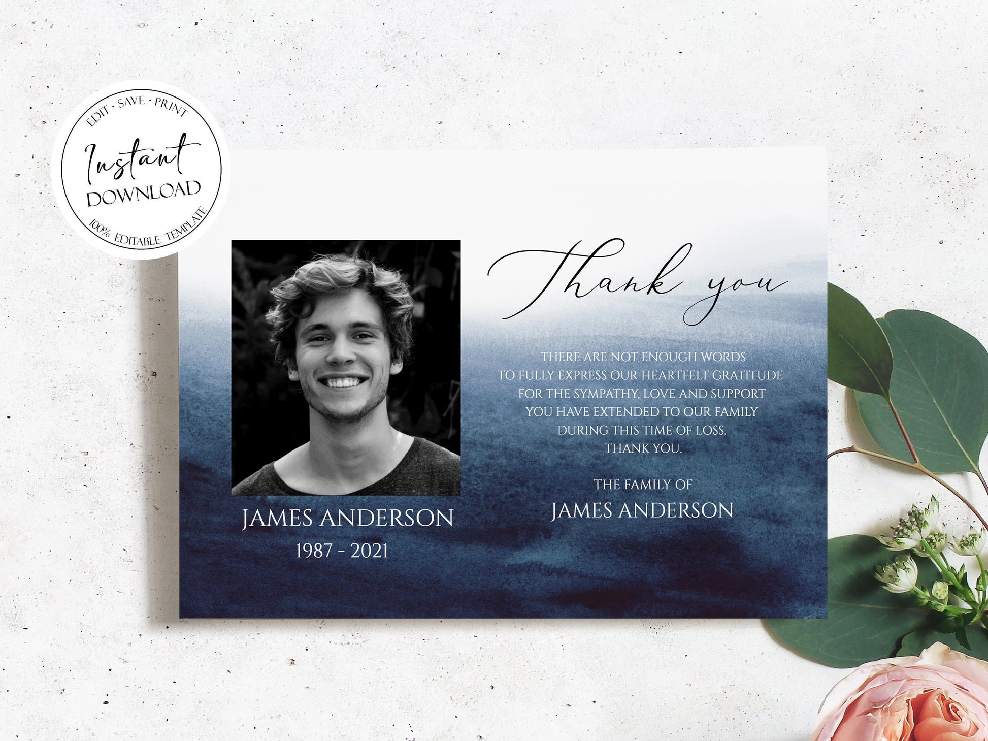 Blue Watercolor Funeral Thank You, Ocean Blue Funeral Thank You Photo, Memorial Card, Printable Thank You Card Template, Sympathy Card