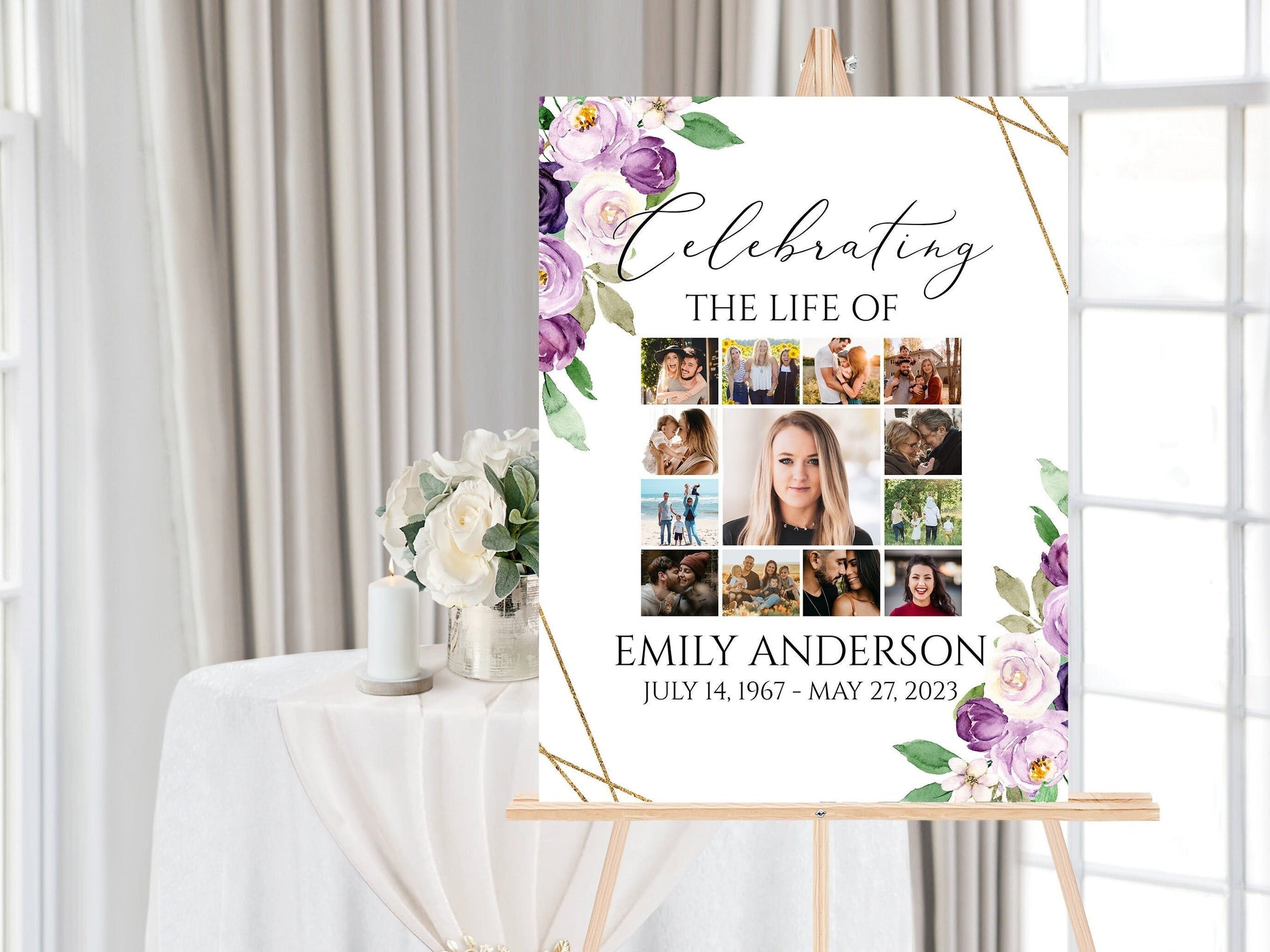 Celebration Of Life Photo Collage Funeral Welcome Sign, Purple Flowers Photo Collage Funeral Poster, Photo Collage Memorial Service Sign, P1