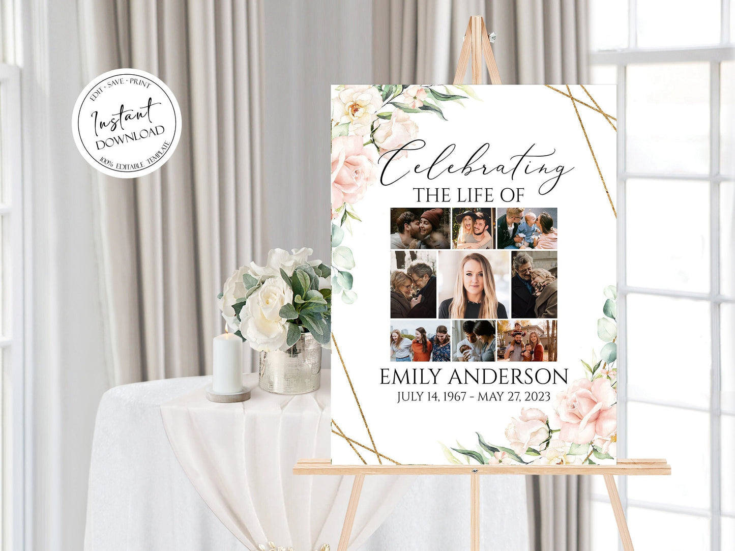 Celebration Of Life Photo Collage Funeral Welcome Sign, Blush Pink Flowers Photo Collage Funeral Poster, Photo Collage Memorial Sign P4