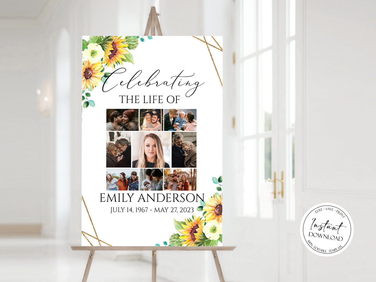 Celebration Of Life Sunflower Photo Collage Funeral Welcome Sign Template, Sunflower Photo Collage Funeral Poster, Sunflower Photo Collage Memorial Service Sign