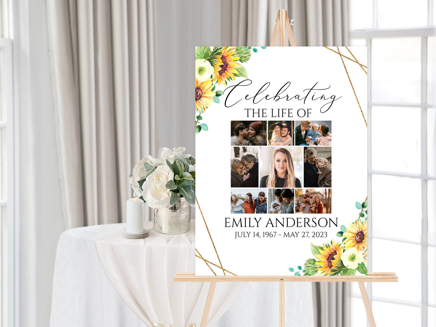 Celebration Of Life Sunflower Photo Collage Funeral Welcome Sign Template, Sunflower Photo Collage Funeral Poster, Sunflower Photo Collage Memorial Service Sign