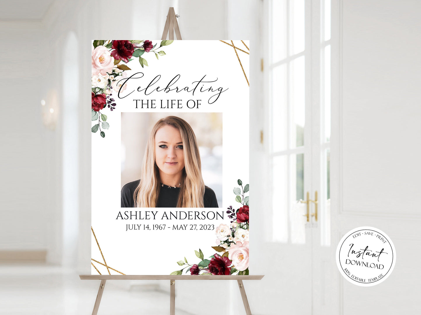 Celebration Of Life Welcome Sign, Red Roses Funeral Welcome Sign, In Loving Memory Sign, Memorial Sign, Funeral Welcome Sign for woman, R1