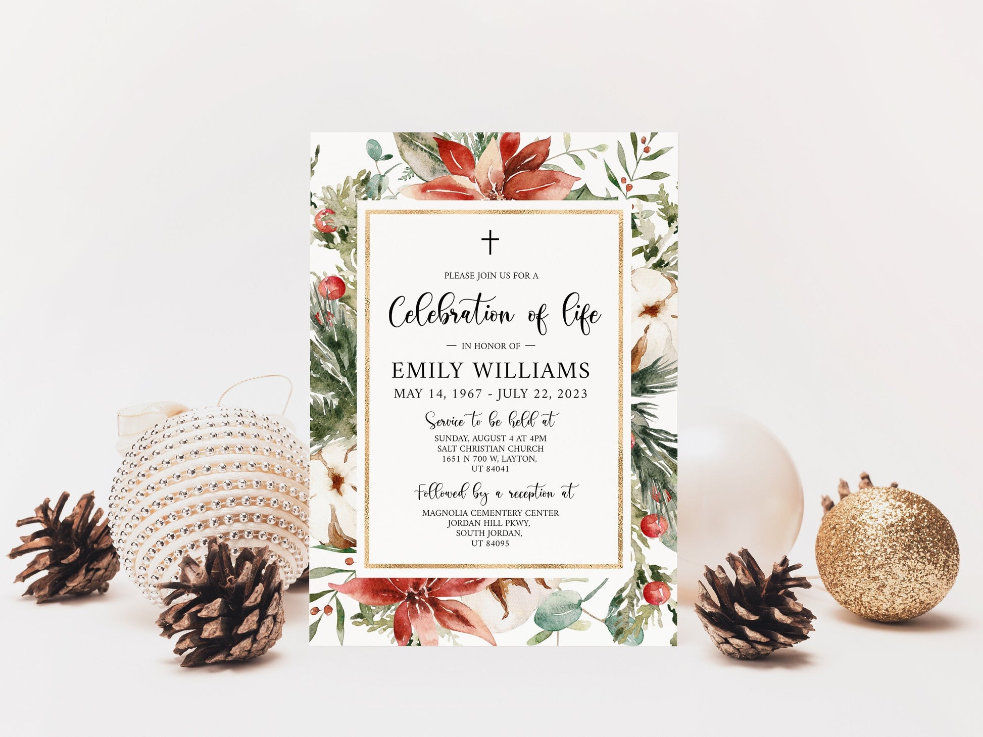 Celebration of life Cross Christmas Winter Red Greenery Gold Funeral Invitation Template, Winter Red Greenery Funeral Announcement Printable Winter Red Greenery memorial Inviteň