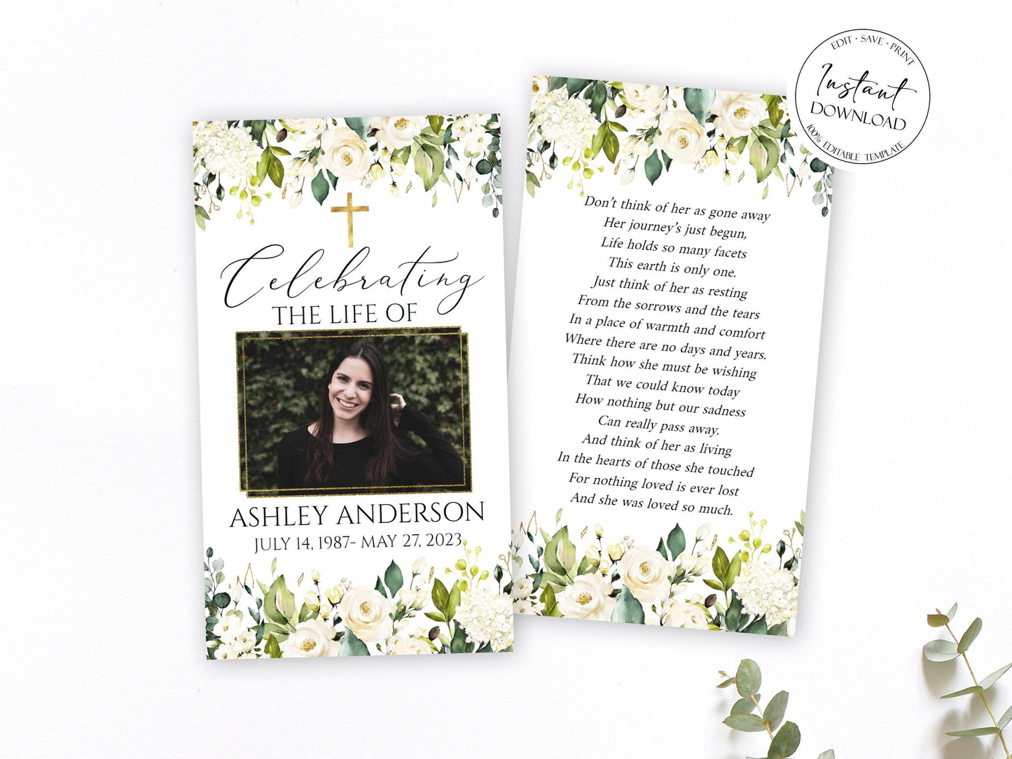 Celebration of life White Greenery Floral Gold Cross Funeral Prayer Card Template , Printable White Greenery Floral Memorial Prayer Cards, Gold Cross Catholic Mass Card 