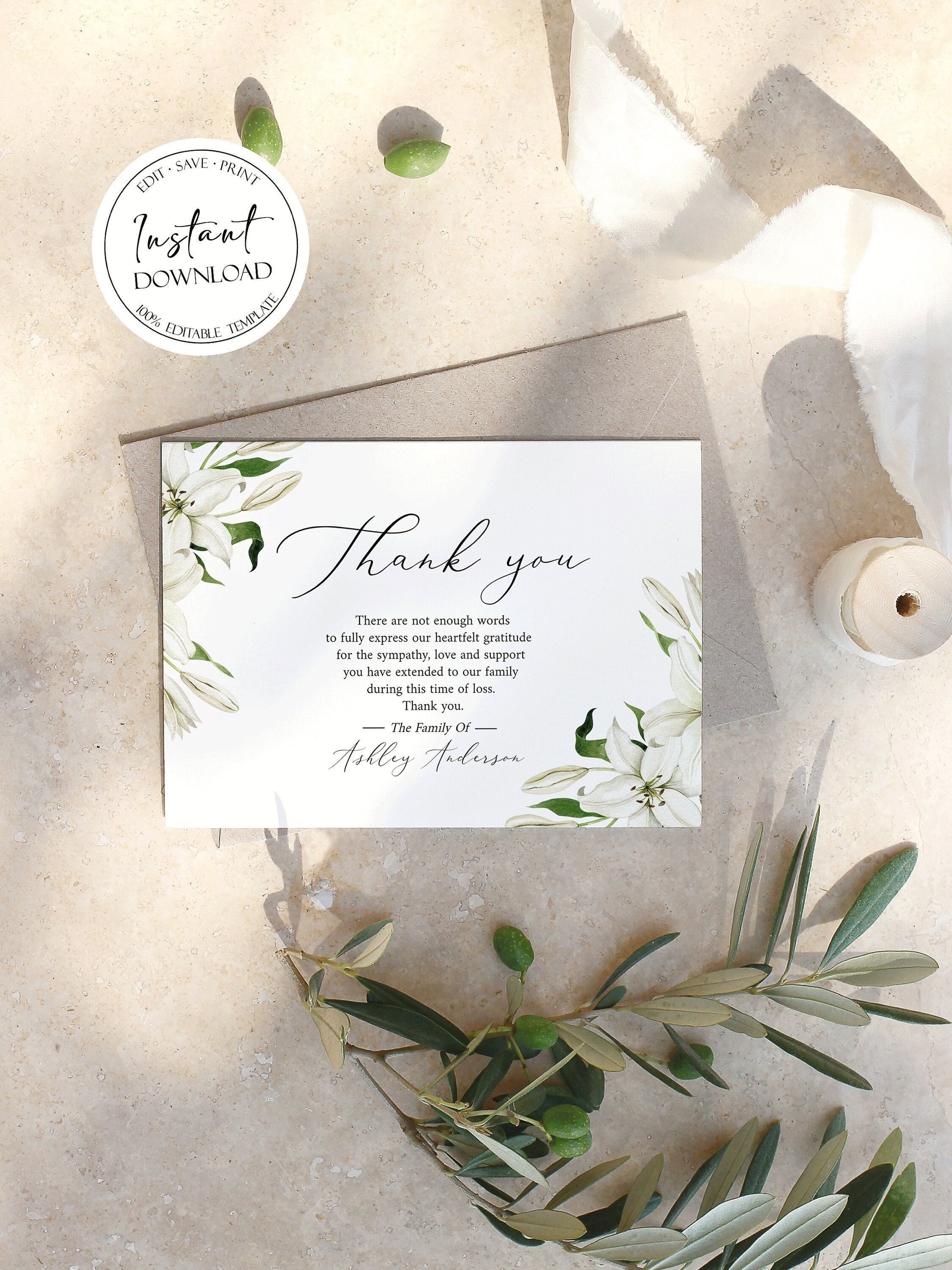 Celebration of life White Lilies Greenery Gold Funeral Thank you Card Template, Printable White Lilies Memorial Thank You Card Template Editable Sympathy Card