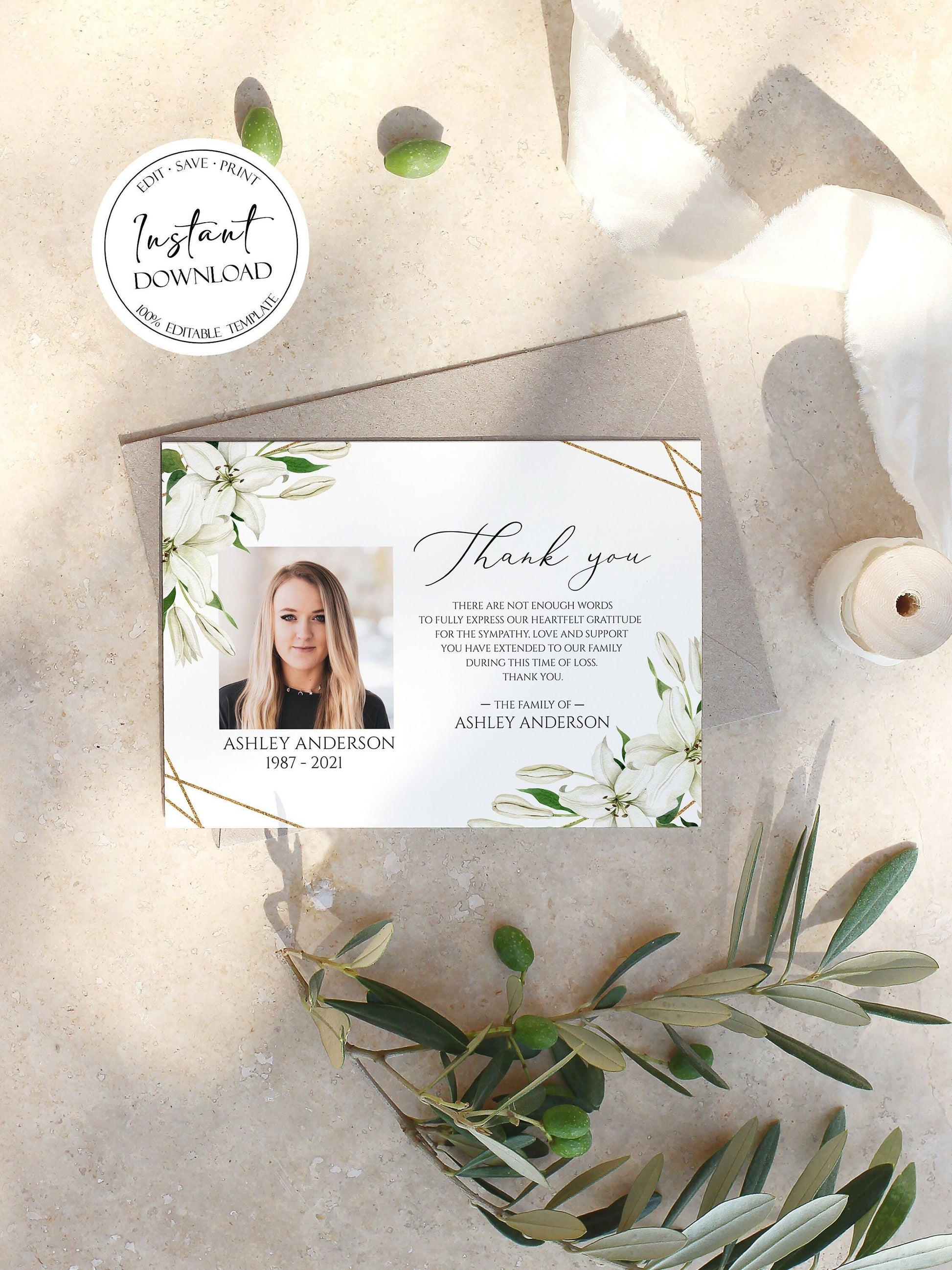 Celebration of life White Lilies Greenery Gold Photo Funeral Thank you Card Template, Printable White Lilies Memorial Thank You Card Template Editable Sympathy Card