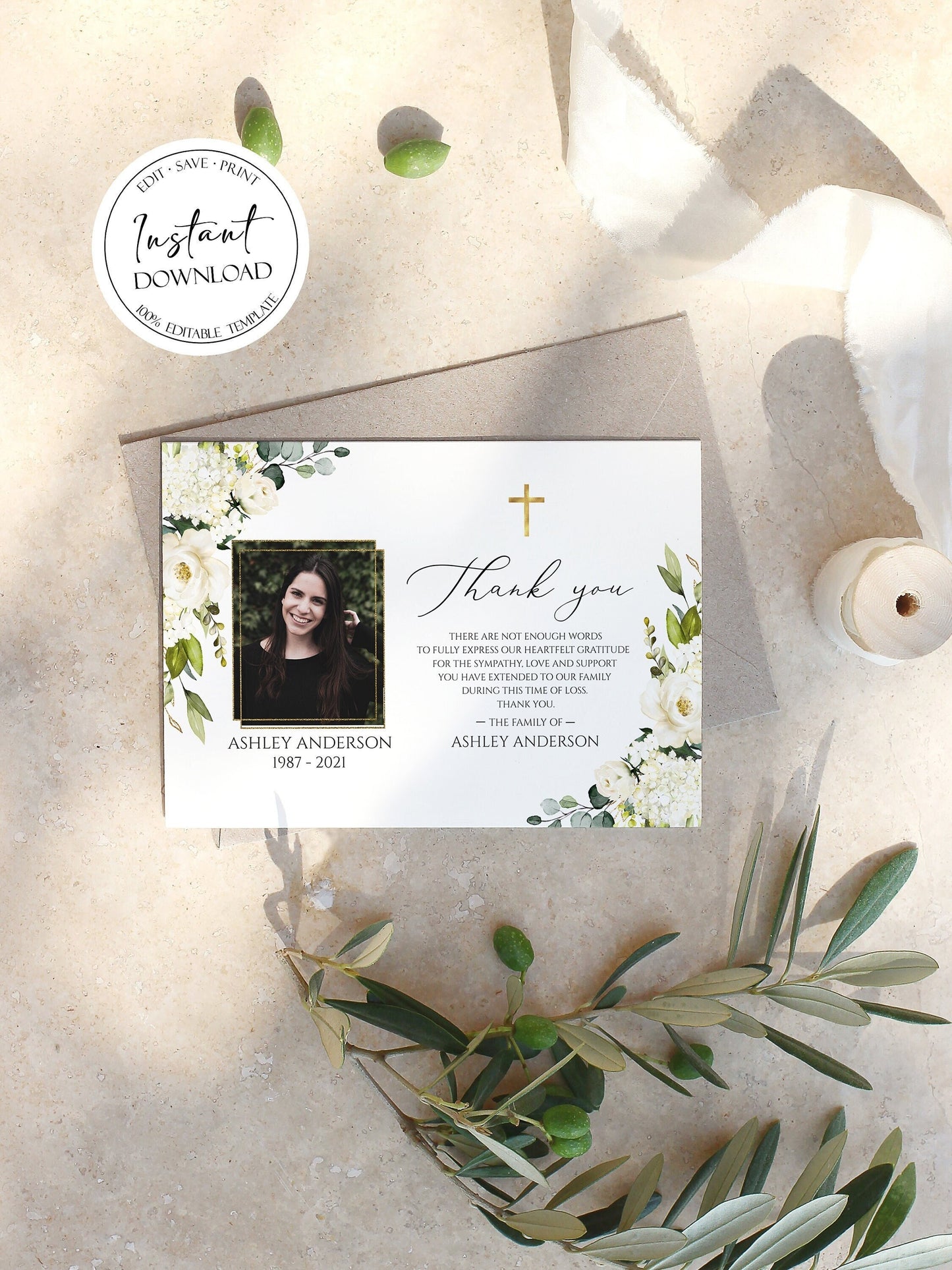 Celebration of life White Greenery Floral Gold Cross Photo Funeral Thank you Card Template, Printable Memorial Thank You Cards Sympathy Thank you Cards